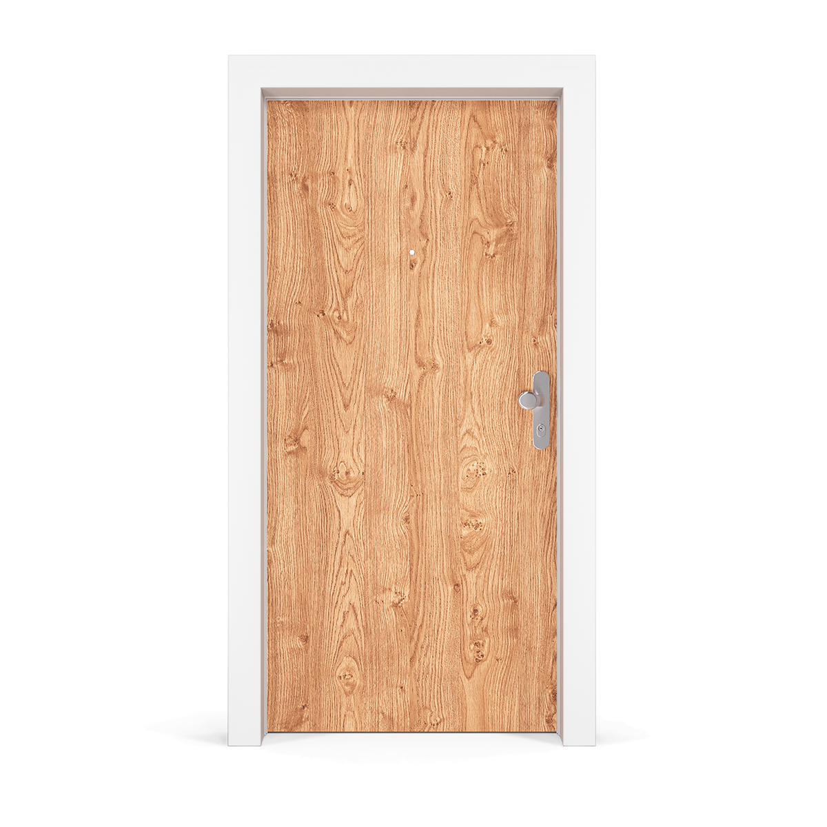 Einflügelige Holztür mit glatter Oberfläche und sichtbarer Holzmaserung in einem weißen Türrahmen mit silbernem Türgriff und Schlüsselloch.